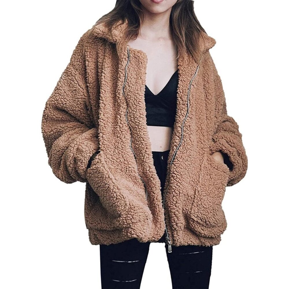〽️Women's Classic Khaki Casual Fleece Zipper Oversized Outwear Coat Warm Jacket